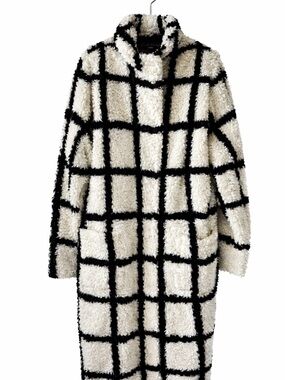 Reformation Bromley Teddy Sherpa Coat Black White Grid Plaid Long Jacket Size S